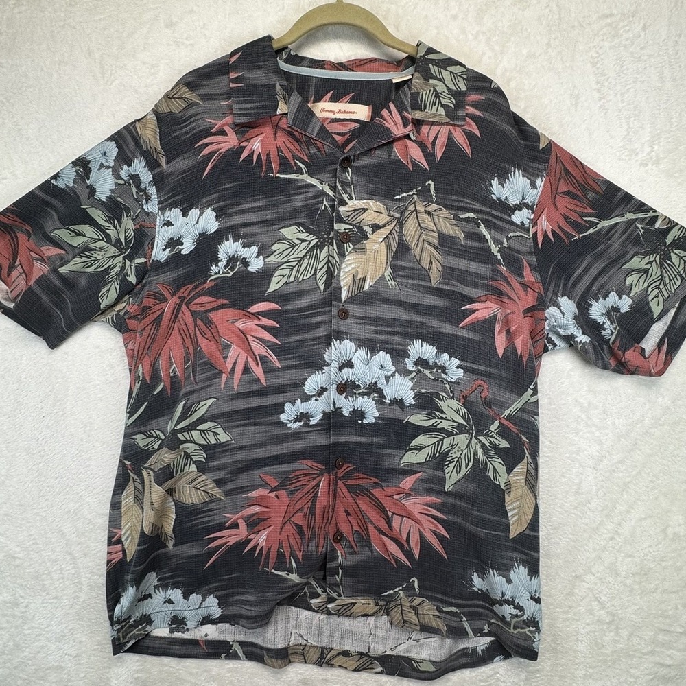 Tommy Bahama Shirt Mens L Gray Silk Hawaiian Palm Leaf Camp Button Front Aloha